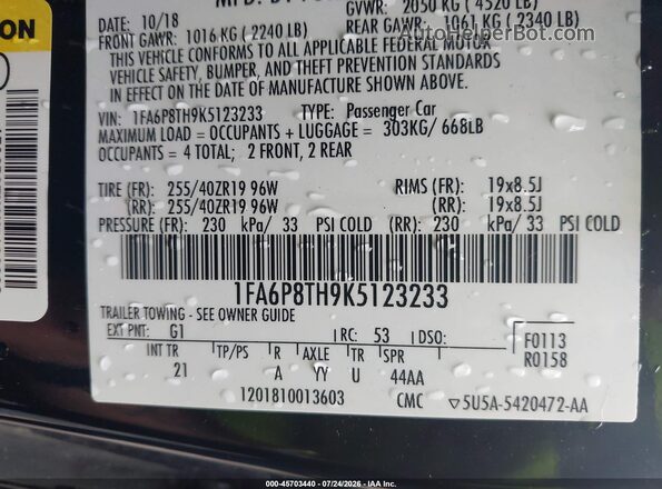 1FA6P8TH9K5123233 2019 FORD MUSTANG Black Widok komory silnika
