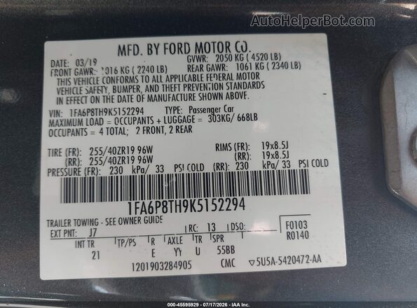 1FA6P8TH9K5152294 2019 FORD MUSTANG Gray Вид підкапотного простору