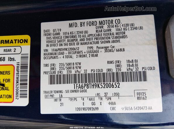 1FA6P8TH9K5200652 2019 FORD MUSTANG Dark Blue Vista del compartimento del motor