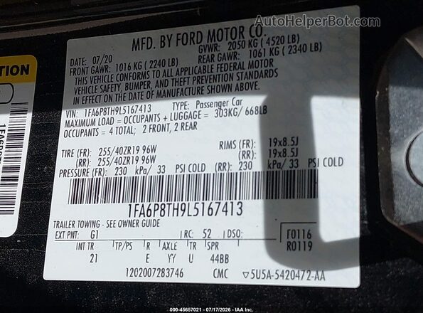 1FA6P8TH9L5167413 2020 FORD MUSTANG Black Вид підкапотного простору