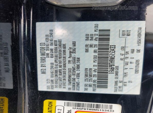 1FA6P8TH9M5153433 2021 FORD MUSTANG Черный Вид наклейки с VIN-кодом