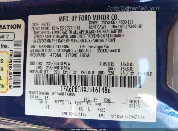 1FA6P8THXJ5161486 2018 FORD MUSTANG Синий Вид подкапотного пространства