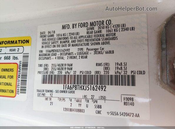 1FA6P8THXJ5162492 2018 FORD MUSTANG Белый Вид подкапотного пространства