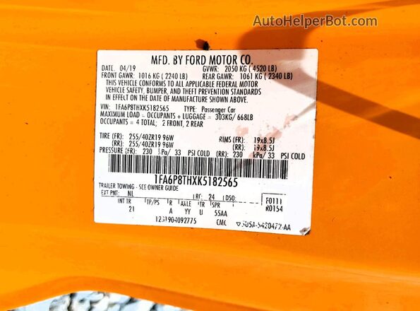 1FA6P8THXK5182565 2019 FORD MUSTANG Orange Vista del compartimento del motor