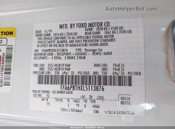 1FA6P8THXL5113876 2020 FORD MUSTANG White Շարժիչի բաժամունքի տեսք