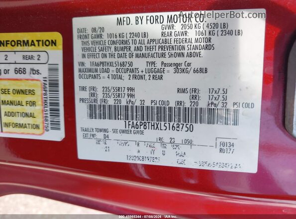 1FA6P8THXL5168750 2020 FORD MUSTANG Красный Вид подкапотного пространства