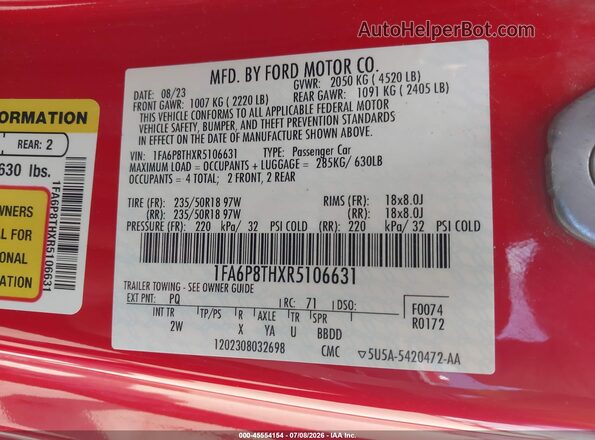 1FA6P8THXR5106631 2024 FORD MUSTANG Красный Вид подкапотного пространства