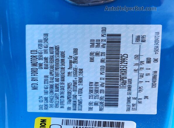 1FA6P8THXR5129925 2024 FORD MUSTANG Blue Вид наклейки з VIN-кодом