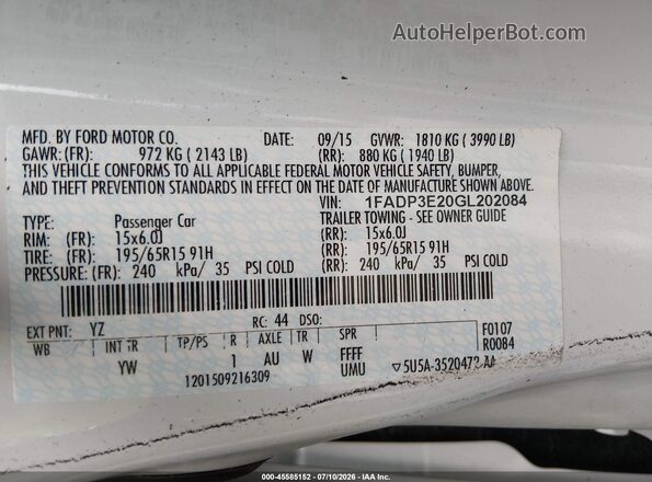 1FADP3E20GL202084 2016 FORD FOCUS White Engine compartment view