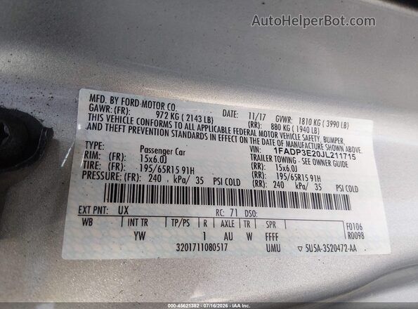 1FADP3E20JL211715 2018 FORD FOCUS Gray Widok komory silnika