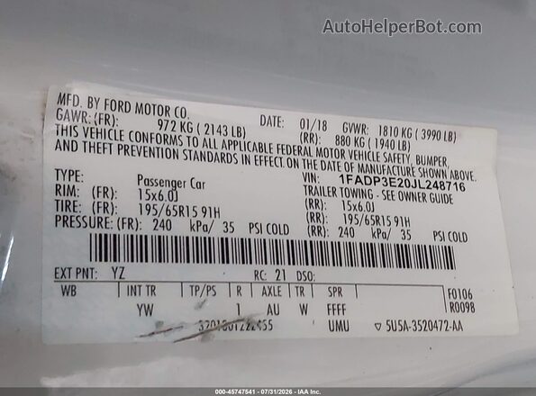 1FADP3E20JL248716 2018 FORD FOCUS Белый Вид подкапотного пространства