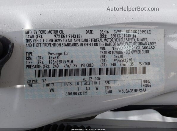 1FADP3E21GL360482 2016 FORD FOCUS White Շարժիչի բաժամունքի տեսք