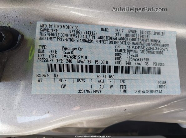 1FADP3E22HL319571 2017 FORD FOCUS Серебряный Вид подкапотного пространства