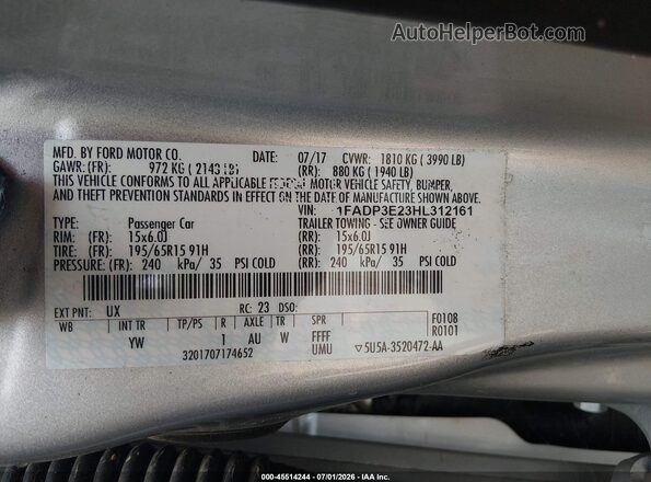 1FADP3E23HL312161 2017 FORD FOCUS White Вид підкапотного простору