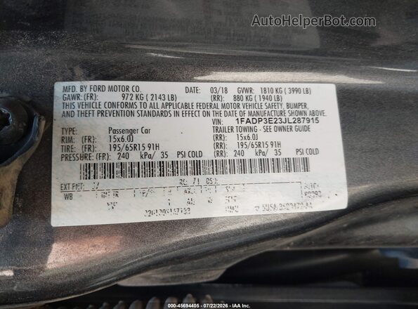 1FADP3E23JL287915 2018 FORD FOCUS Gray Engine compartment view