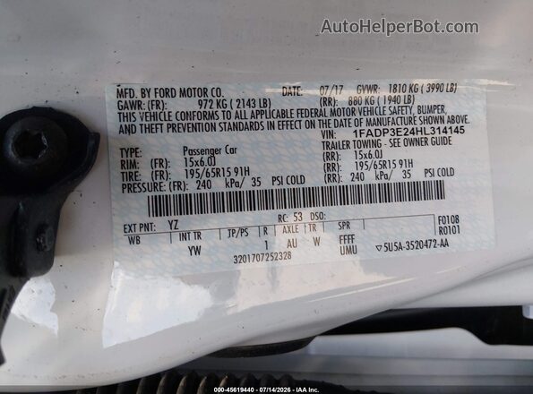 1FADP3E24HL314145 2017 FORD FOCUS Белый Вид подкапотного пространства