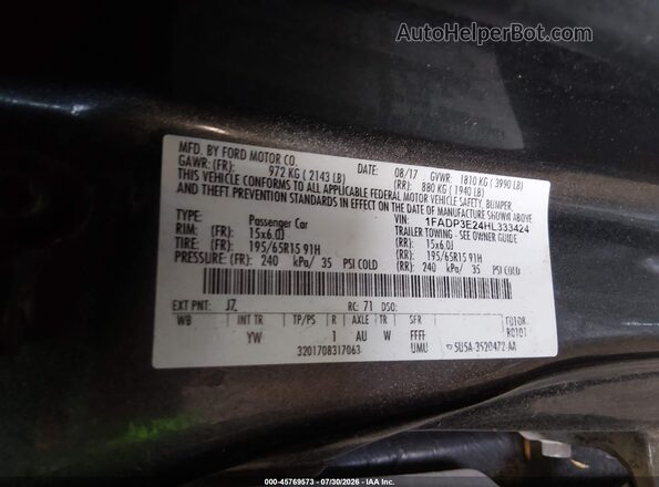1FADP3E24HL333424 2017 FORD FOCUS Gray Engine compartment view