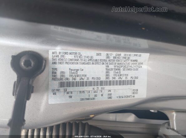 1FADP3E27HL317024 2017 FORD FOCUS Silver ძრავის განყოფილების ხედი