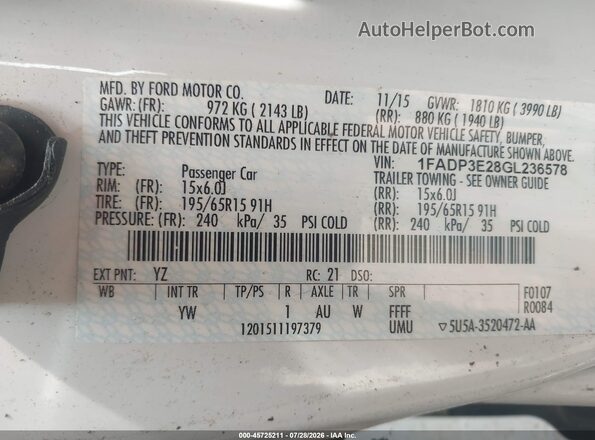 1FADP3E28GL236578 2016 FORD FOCUS White Vista del compartimento del motor