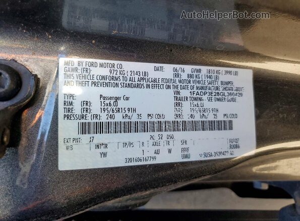 1FADP3E28GL360429 2016 FORD FOCUS Gray Вид підкапотного простору