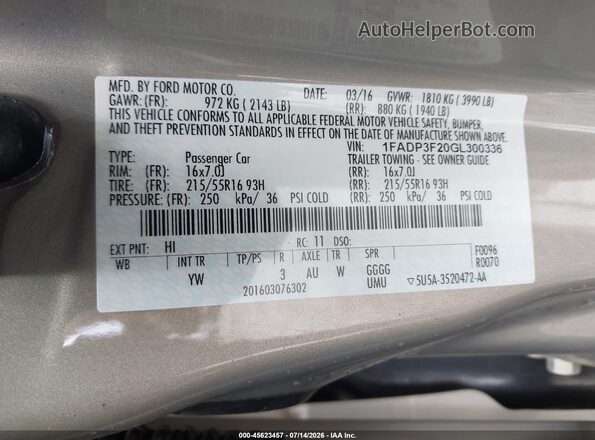 1FADP3F20GL300336 2016 FORD FOCUS Tan Շարժիչի բաժամունքի տեսք