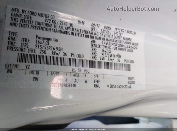 1FADP3F20HL343429 2017 FORD FOCUS White Widok komory silnika