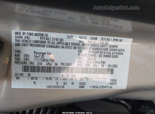1FADP3F21GL210564 2016 FORD FOCUS Champagne Вид підкапотного простору
