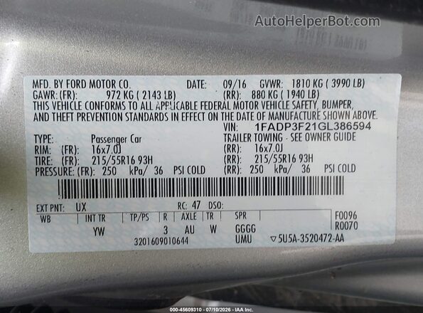 1FADP3F21GL386594 2016 FORD FOCUS Silver Вид підкапотного простору