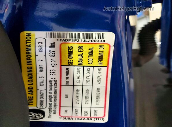 1FADP3F21JL200334 2018 FORD FOCUS Blue Widok naklejki z numerem VIN
