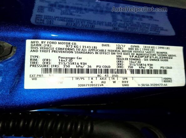 1FADP3F21JL228022 2018 FORD FOCUS Blue VIN sticker view