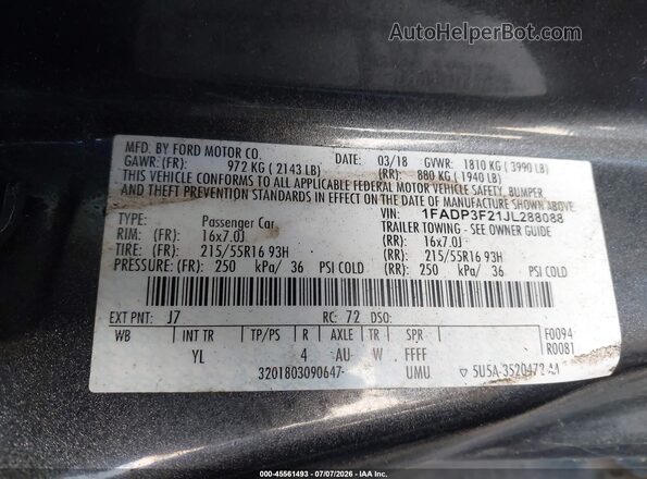 1FADP3F21JL288088 2018 FORD FOCUS Gray Շարժիչի բաժամունքի տեսք