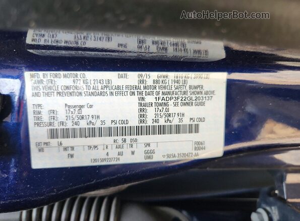 1FADP3F22GL203137 2016 FORD FOCUS Blue Vista del compartimento del motor