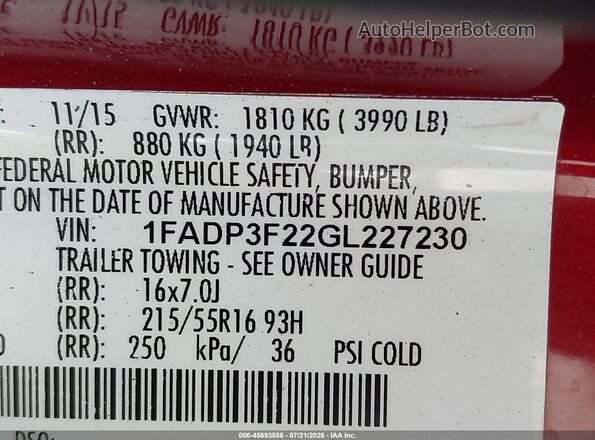 1FADP3F22GL227230 2016 FORD FOCUS Red Engine compartment view