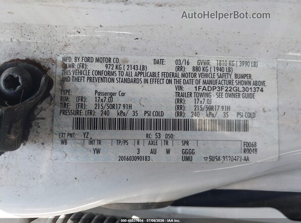 1FADP3F22GL301374 2016 FORD FOCUS White Engine compartment view
