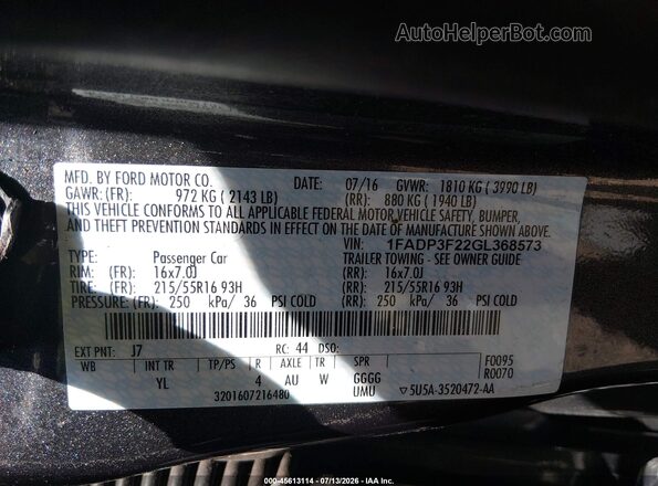 1FADP3F22GL368573 2016 FORD FOCUS Черный Вид подкапотного пространства