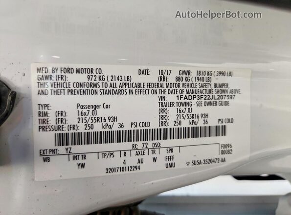 1FADP3F22JL207597 2018 FORD FOCUS White ძრავის განყოფილების ხედი