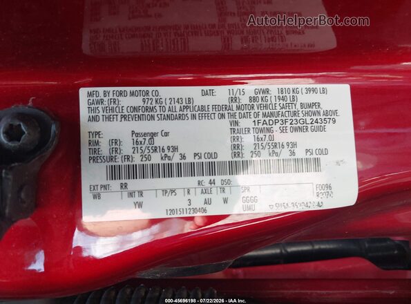 1FADP3F23GL243579 2016 FORD FOCUS Red Engine compartment view
