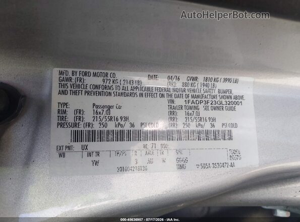 1FADP3F23GL320001 2016 FORD FOCUS Silver Widok komory silnika