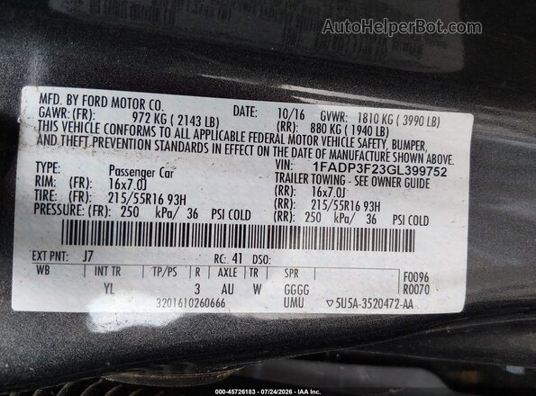 1FADP3F23GL399752 2016 FORD FOCUS Gray ძრავის განყოფილების ხედი