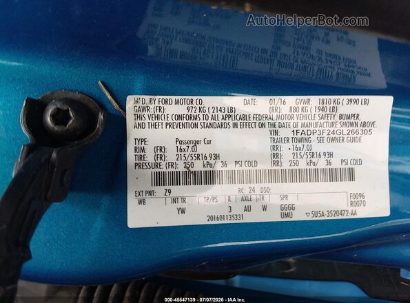 1FADP3F24GL266305 2016 FORD FOCUS Blue Engine compartment view
