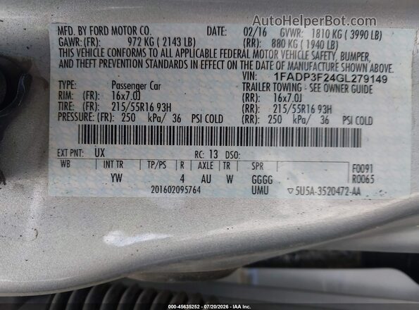 1FADP3F24GL279149 2016 FORD FOCUS Silver ძრავის განყოფილების ხედი