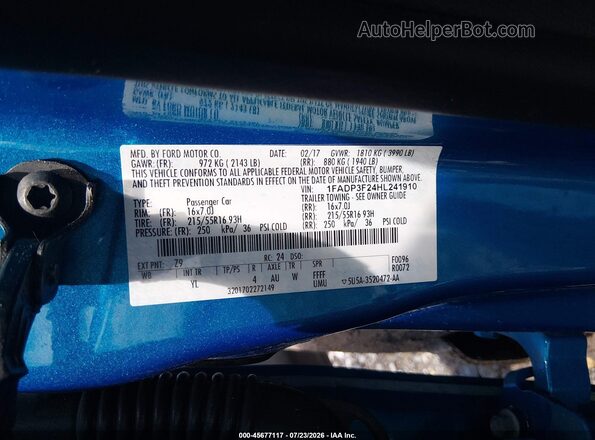1FADP3F24HL241910 2017 FORD FOCUS Blue Widok komory silnika