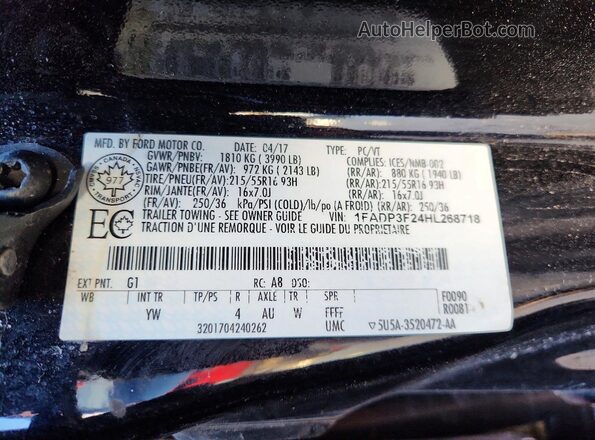 1FADP3F24HL268718 2017 FORD FOCUS Black VIN კოდის სტიკერის ხედი