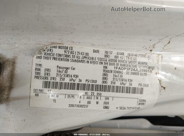1FADP3F24JL209013 2018 FORD FOCUS Белый Вид подкапотного пространства