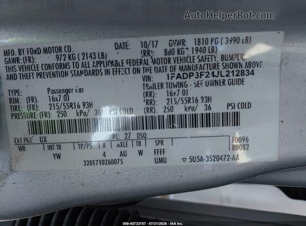 1FADP3F24JL212834 2018 FORD FOCUS Silver ძრავის განყოფილების ხედი