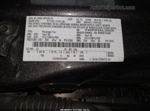 1FADP3F24JL328230 2018 FORD FOCUS Gray Vista del compartimento del motor