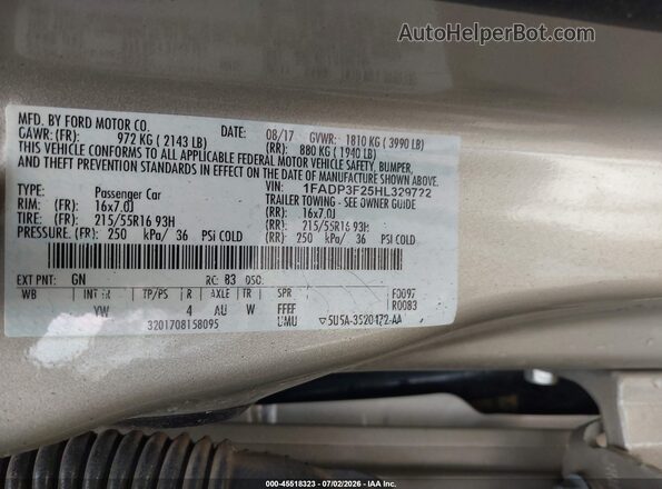 1FADP3F25HL329722 2017 FORD FOCUS Золотой Вид подкапотного пространства