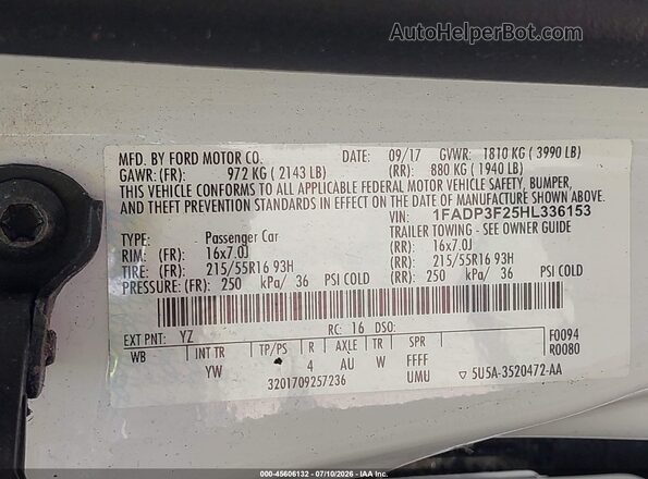 1FADP3F25HL336153 2017 FORD FOCUS White Շարժիչի բաժամունքի տեսք