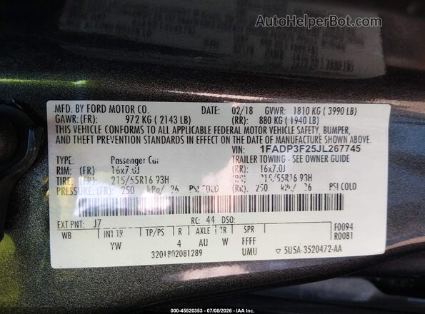 1FADP3F25JL267745 2018 FORD FOCUS Gray Вид підкапотного простору