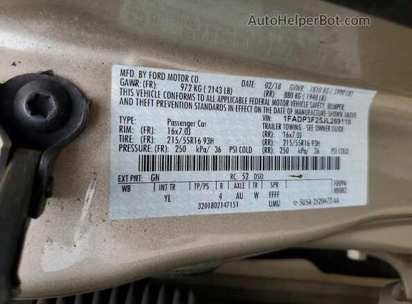 1FADP3F25JL269110 2018 FORD FOCUS Tan Widok komory silnika